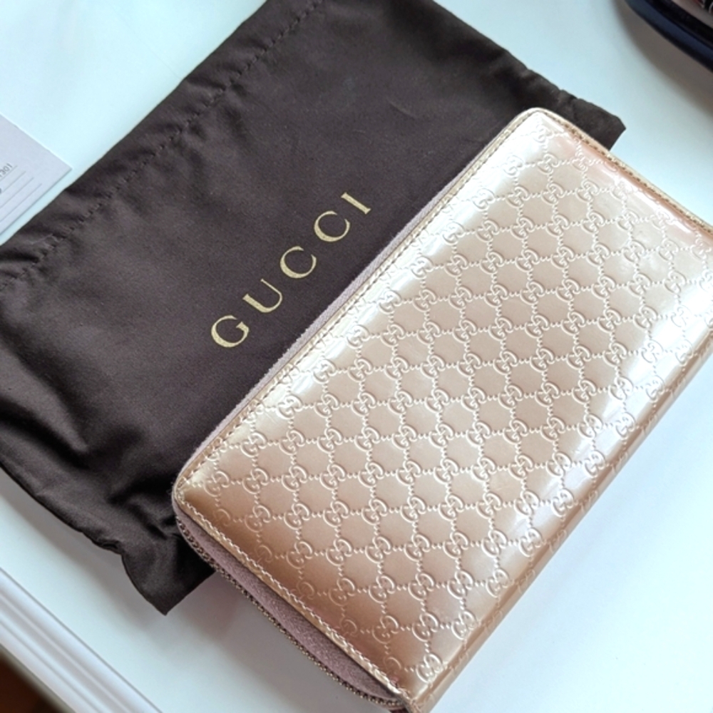 Authentic Gucci Zip Purse Micro Shima Wallet GG Pink Patent Leather Italy - Picture 4 of 13